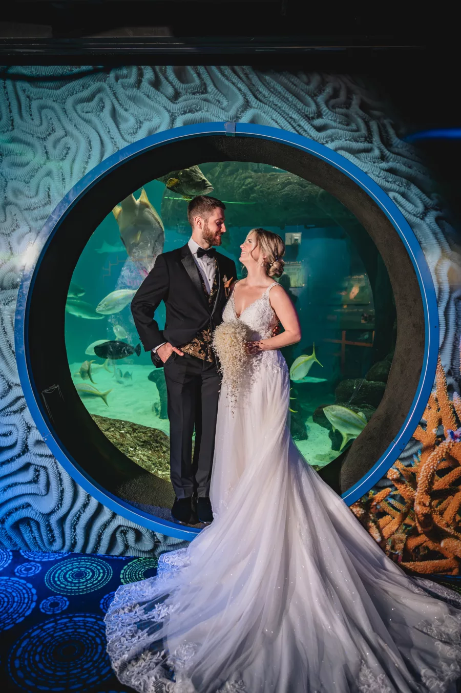 Bride and Groom Just Married Coral Reef Gallery Wedding Portrait