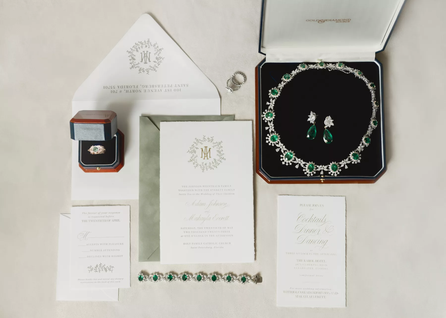 Emerald Bridal Jewelry Ideas | Sage Green and Cream Wedding Invitation Suite Inspiration