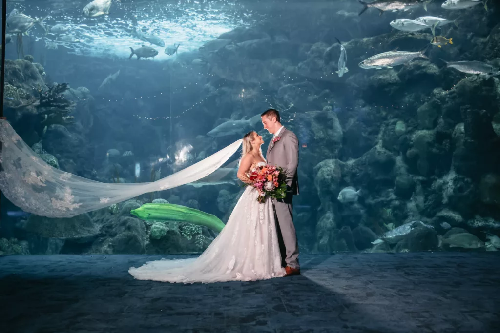 Bride and Groom Just Married in the Coral Reef Gallery Wedding Portrait | Tampa Bay Event Venue The Florida Aquarium | Photographer Lifelong Photography Studio