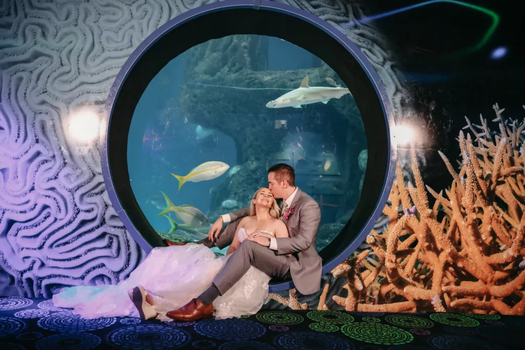 Bride and Groom in the Coral Reef Gallery Wedding Portrait | Tampa Bay Event Venue The Florida Aquarium | Photographer Lifelong Photography Studio