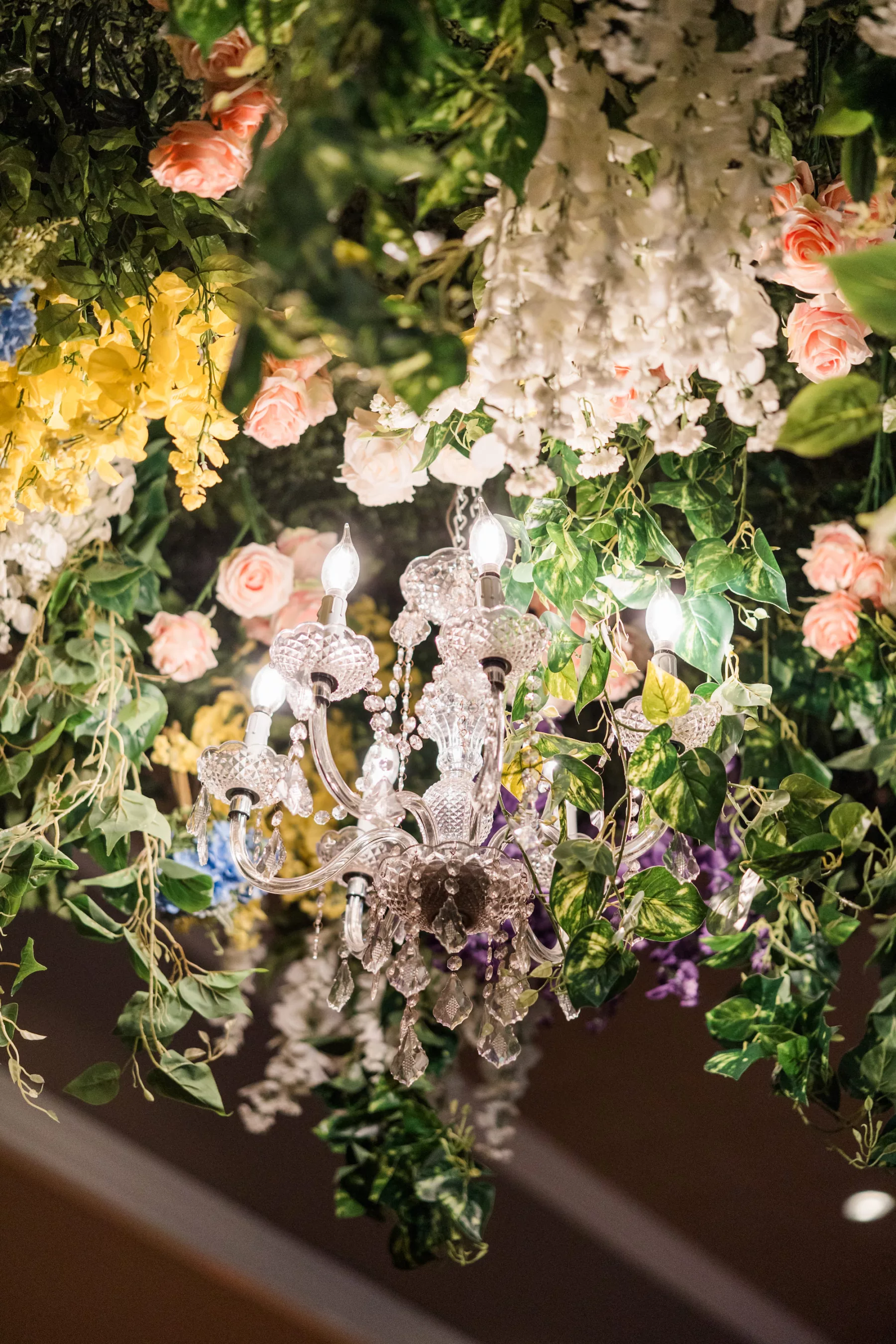 Whimsical Wedding Reception Ballroom Flower Garden Inspired Chandelier Decor Ideas