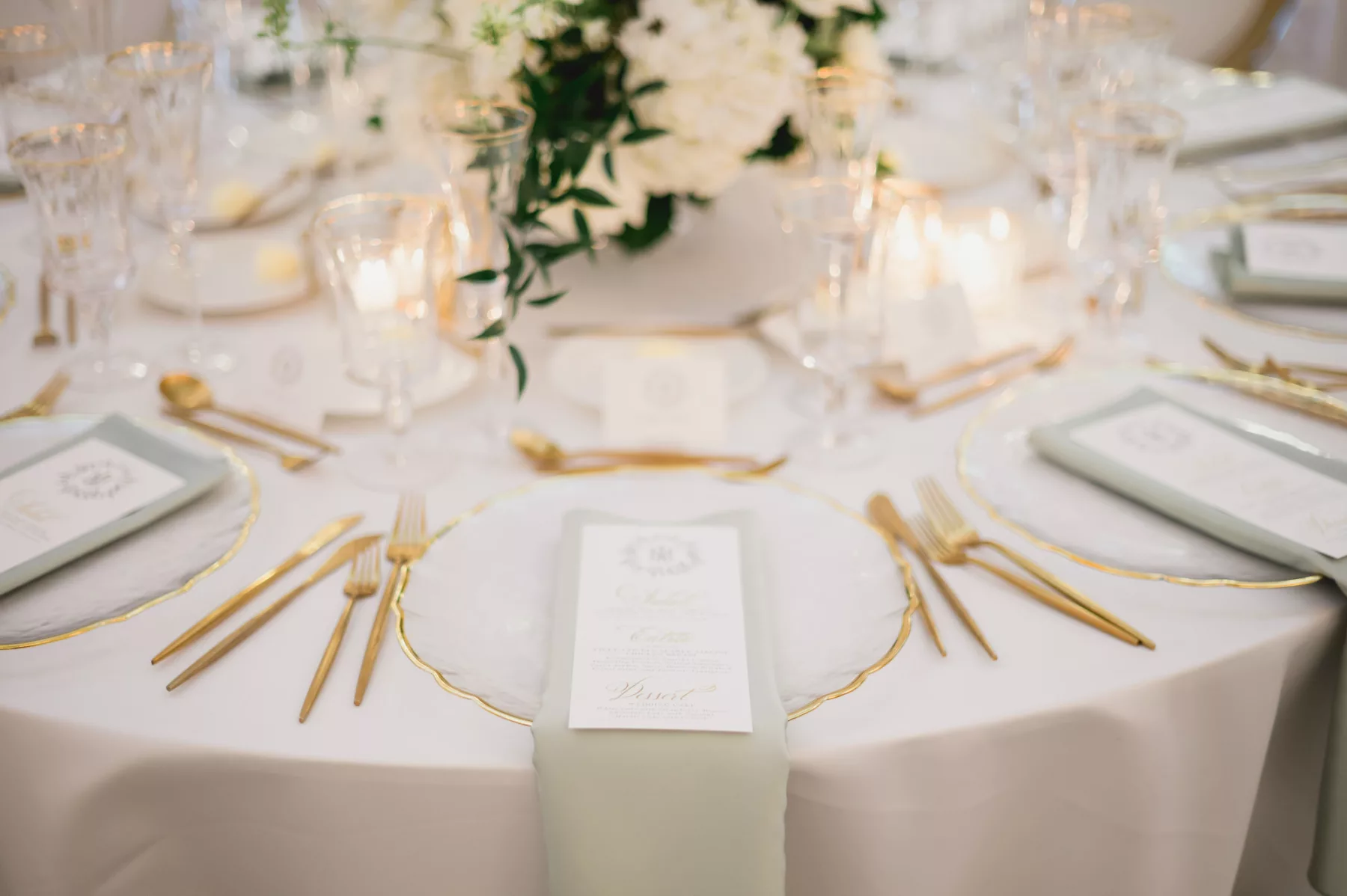 Elegant Sage Green, White and Gold Spring Ballroom Wedding Reception Tablescape Place Setting Inspiration | Clearwater Kate Ryan Event Rentals