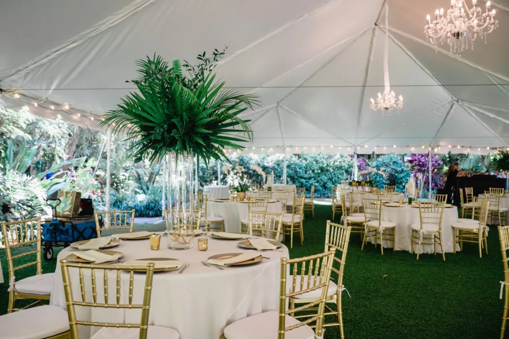 Classic White and Gold Botanical Tented Garden Wedding Reception Inspiration | Downtown St. Pete Event Venue Sunken Gardens | Tampa Bay Caterer Olympia Catering