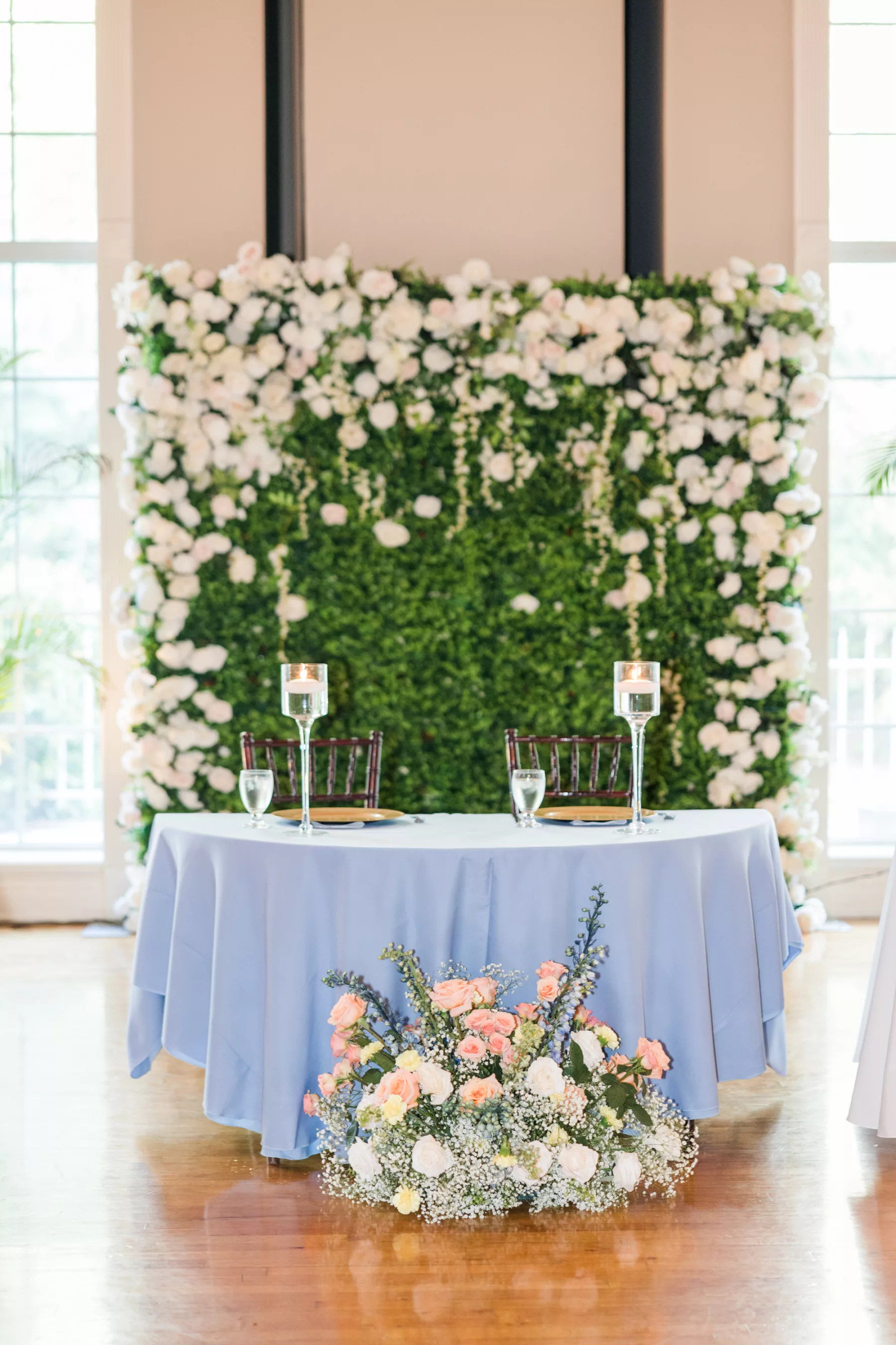 Blue and Peach English Garden Inspired Wedding Reception Sweetheart Table Decor Ideas | Peach Roses, Yellow Carnations, Baby's Breath, Blue Snapdragon Floor Flower Arrangement Inspiration