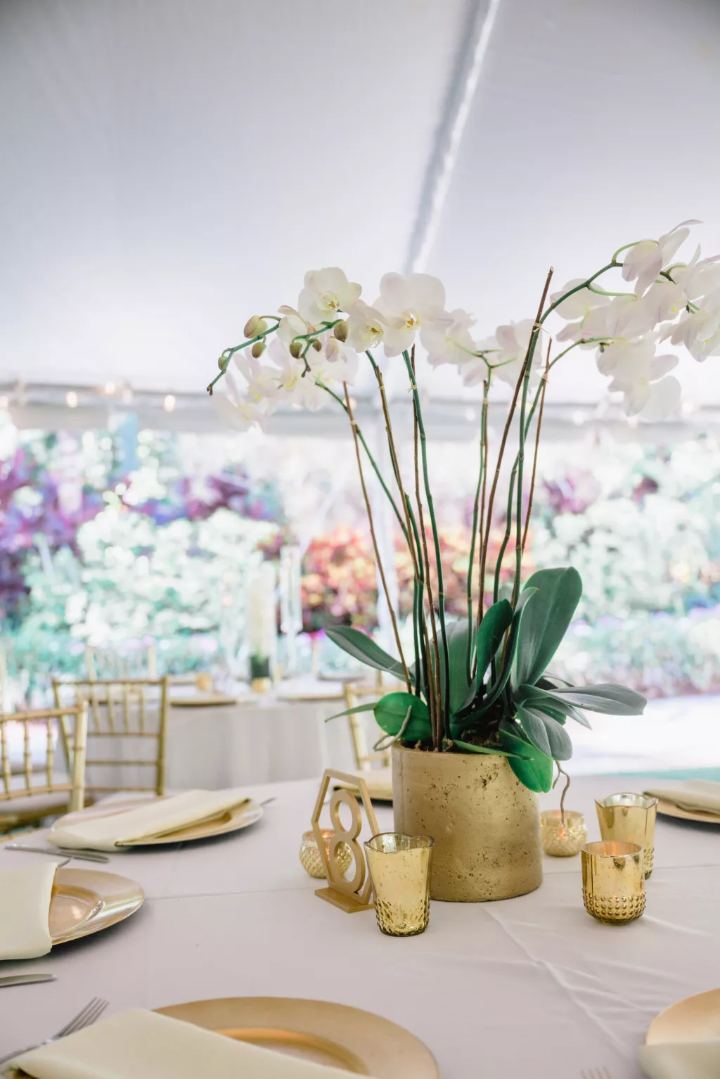 Classic White Orchid and Gold Votive Garden Wedding Reception Centerpiece Decor Ideas