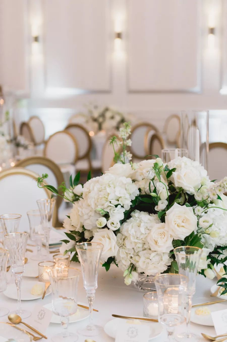Elegant Spring White and Gold Ballroom Wedding Centerpiece Decor Ideas | White Hydrangeas, Roses, and Greenery | Tampa Bay Florist Bruce Wayne Florals