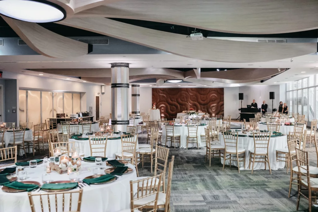 Tropical Indoor Gold and Green Wedding Reception in the Vinik Channelside Room | Tampa Bay Event Venue The Florida Aquarium | DJ Grant Hemond and Assoiciates