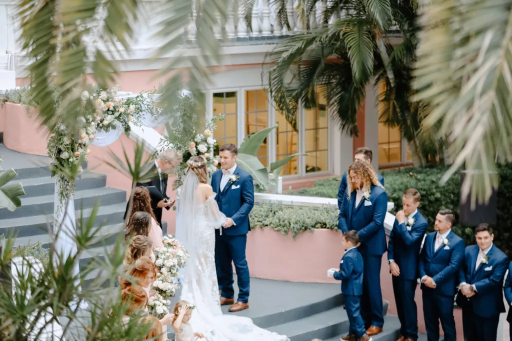 Classic White and Blush Outdoor Courtyard Wedding Ceremony Inspiration | St Pete Hotel Venue The Don Cesar | Tampa Bay Photographer Lifelong Photography Studio