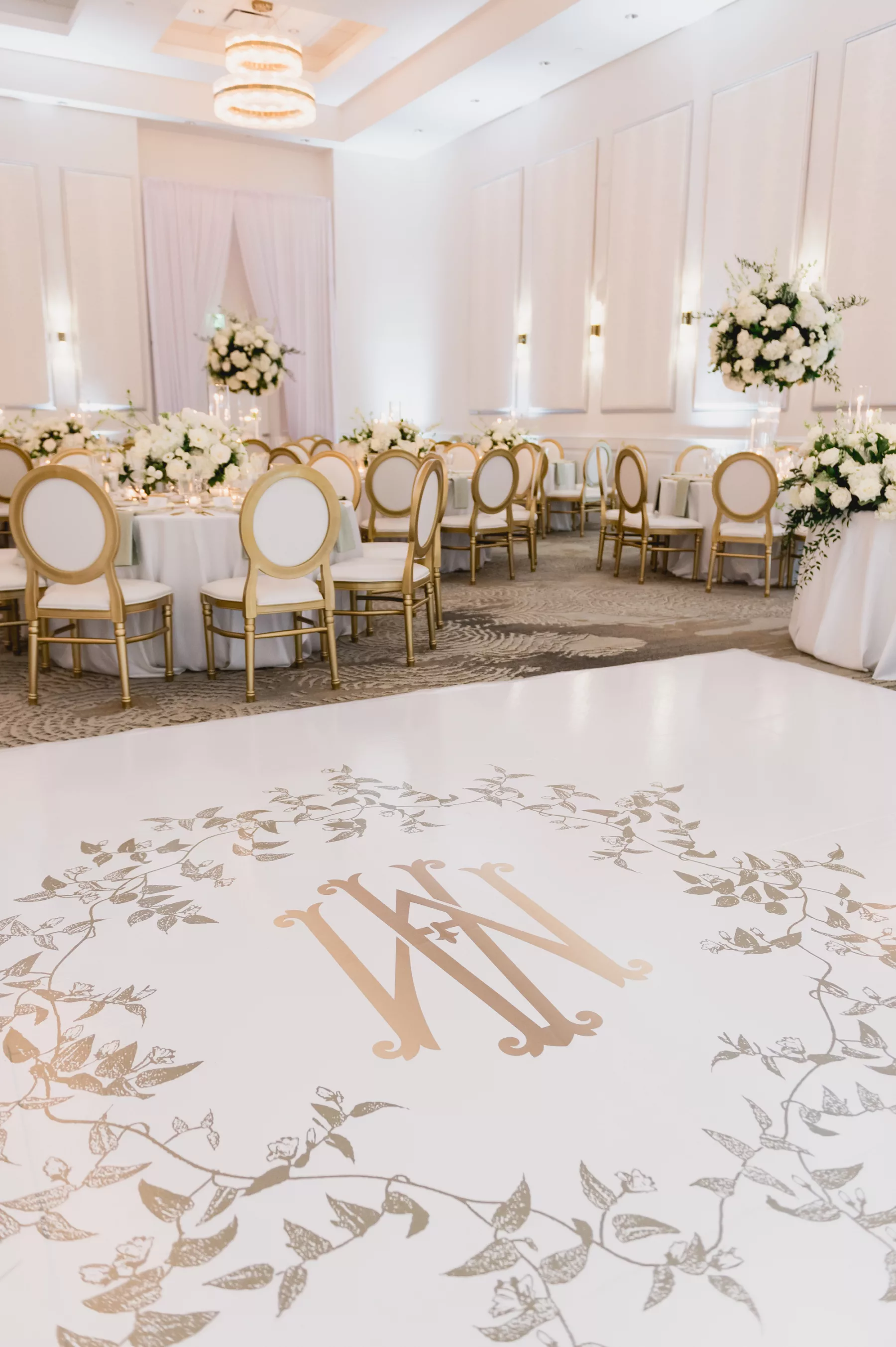 White Ballroom Wedding Reception Dance Floor with Custom Gold Monogram Inspiration | Clearwater Planner Parties A La Carte