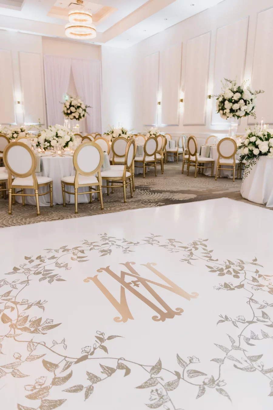 White Ballroom Wedding Reception Dance Floor with Custom Gold Monogram Inspiration | Clearwater Planner Parties A La Carte