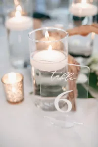 Modern Handwritten Clear Acrylic Table Number Sign Inspiration | Floating Candle Centerpieces | Tropical Wedding Reception Decor Ideas