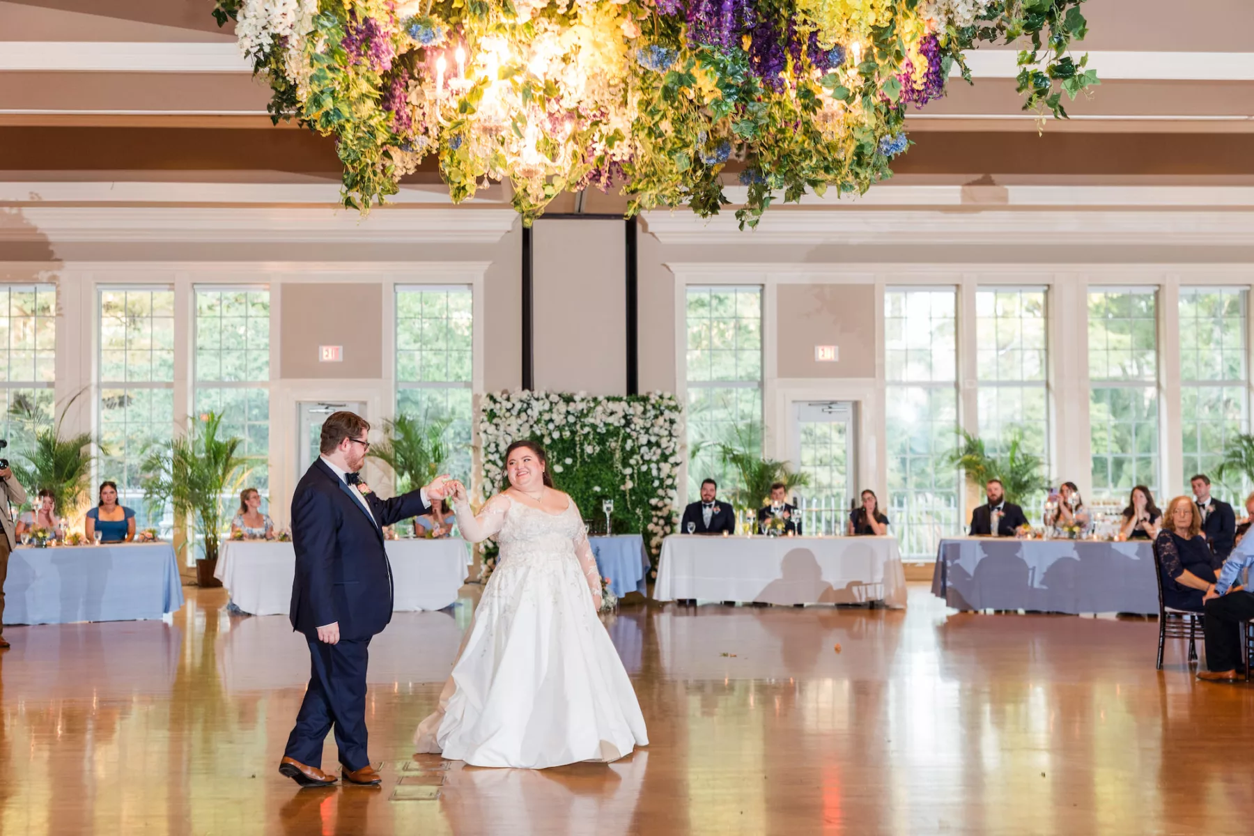 Grande Ballroom Garden Inspired Wedding Reception Ideas | Purple Wisteria, Blue Hydrangeas, and Greenery Floral Chandelier Ideas | Tampa Bay Photographer Mary Anna Photography | Event Venue Higgins Hall