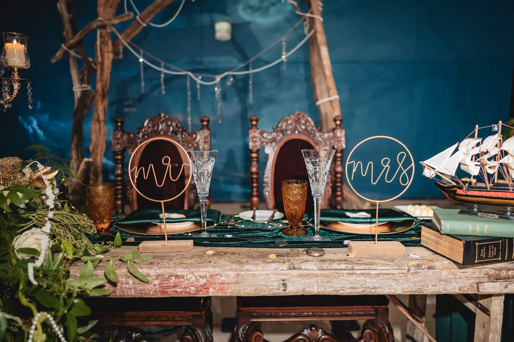 Old World Nautical Emerald Fall Wedding Reception Sweetheart Table Decor Ideas | Tampa Bay Event Planner Breezin Weddings