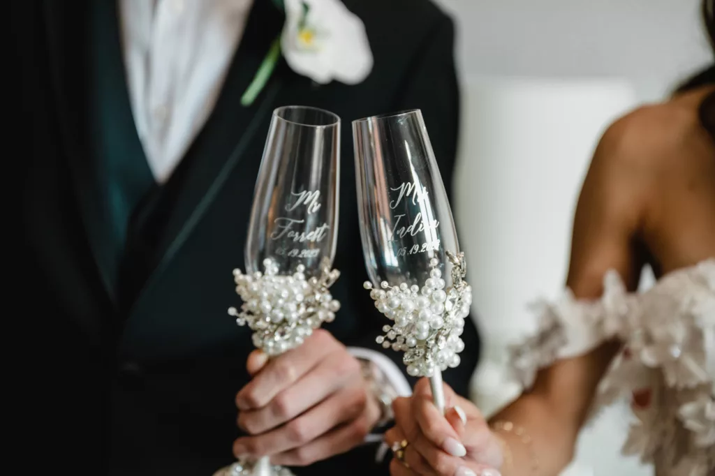 Custom Bride and Groom Wedding Reception Champagne Flutes with Pearls