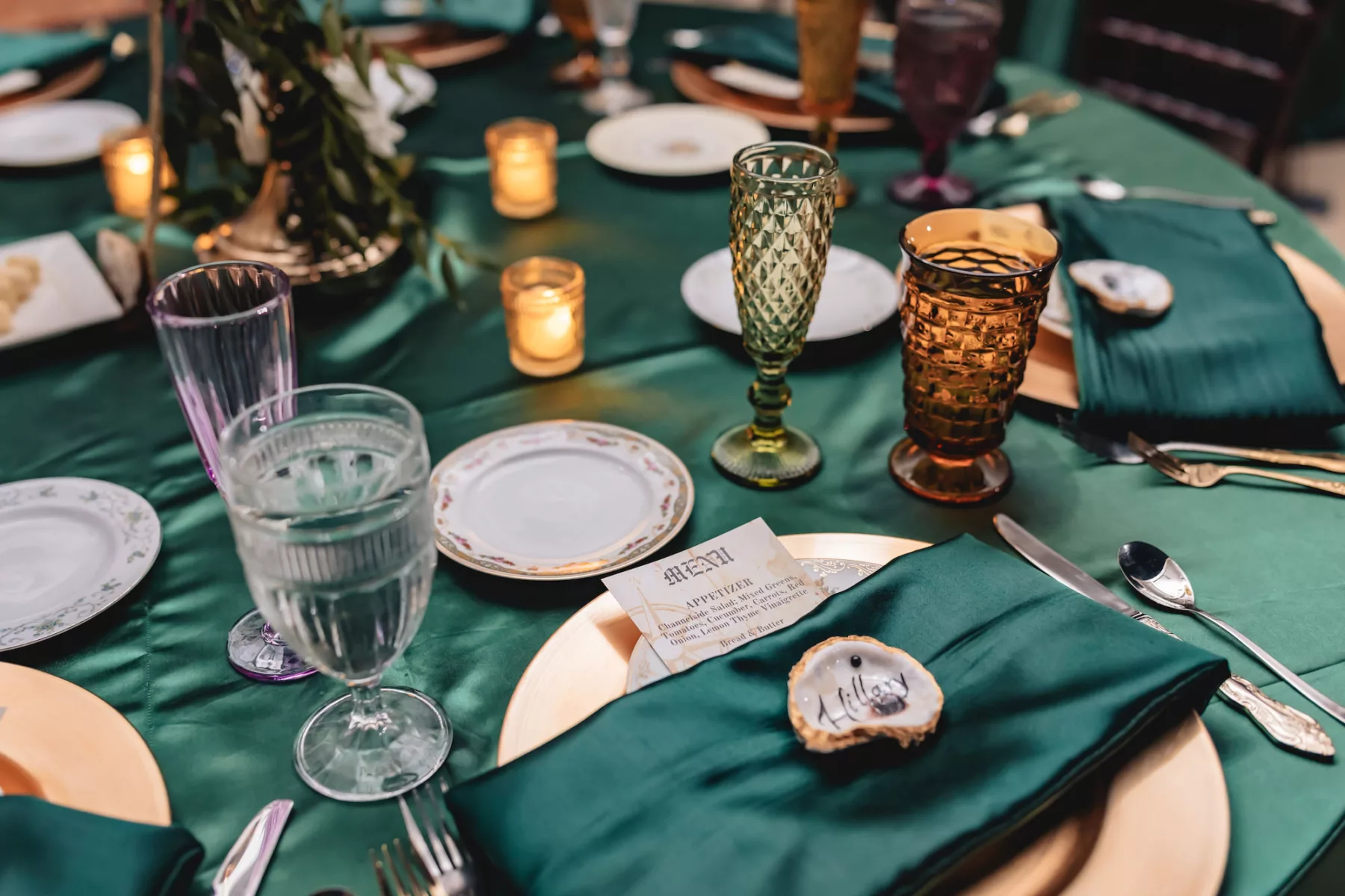 Nautical Emerald Green Wedding Reception Tablescape with Oyster Place Cards Ideas