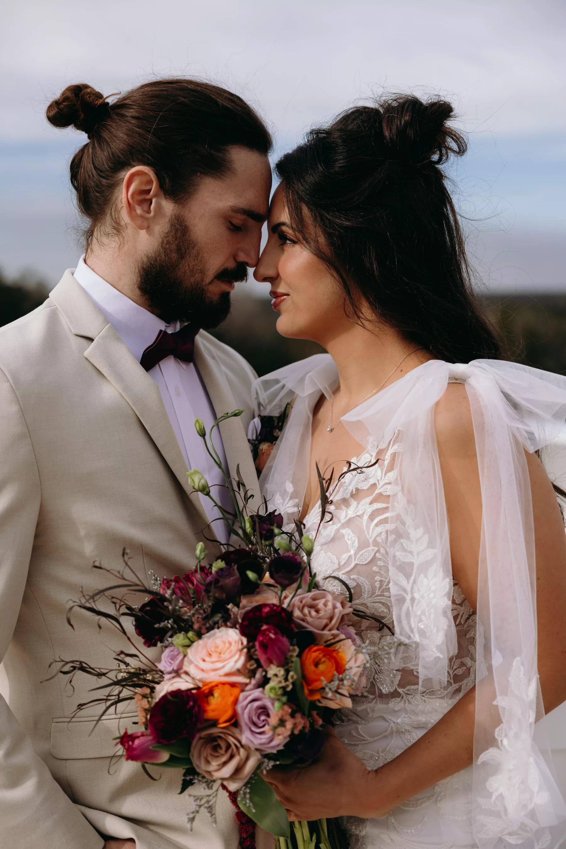 Bridal Half Up Half Down Wedding Hair Inspiration | Whimsical Purple and Orange Roses, Brown Amaranthus, Pink Tulips, Wax Flowers, and Greenery Bouquet | Tampa Bay Florist Save The Date Florida | Photographer Arianna J Photography | Planner MDP Events