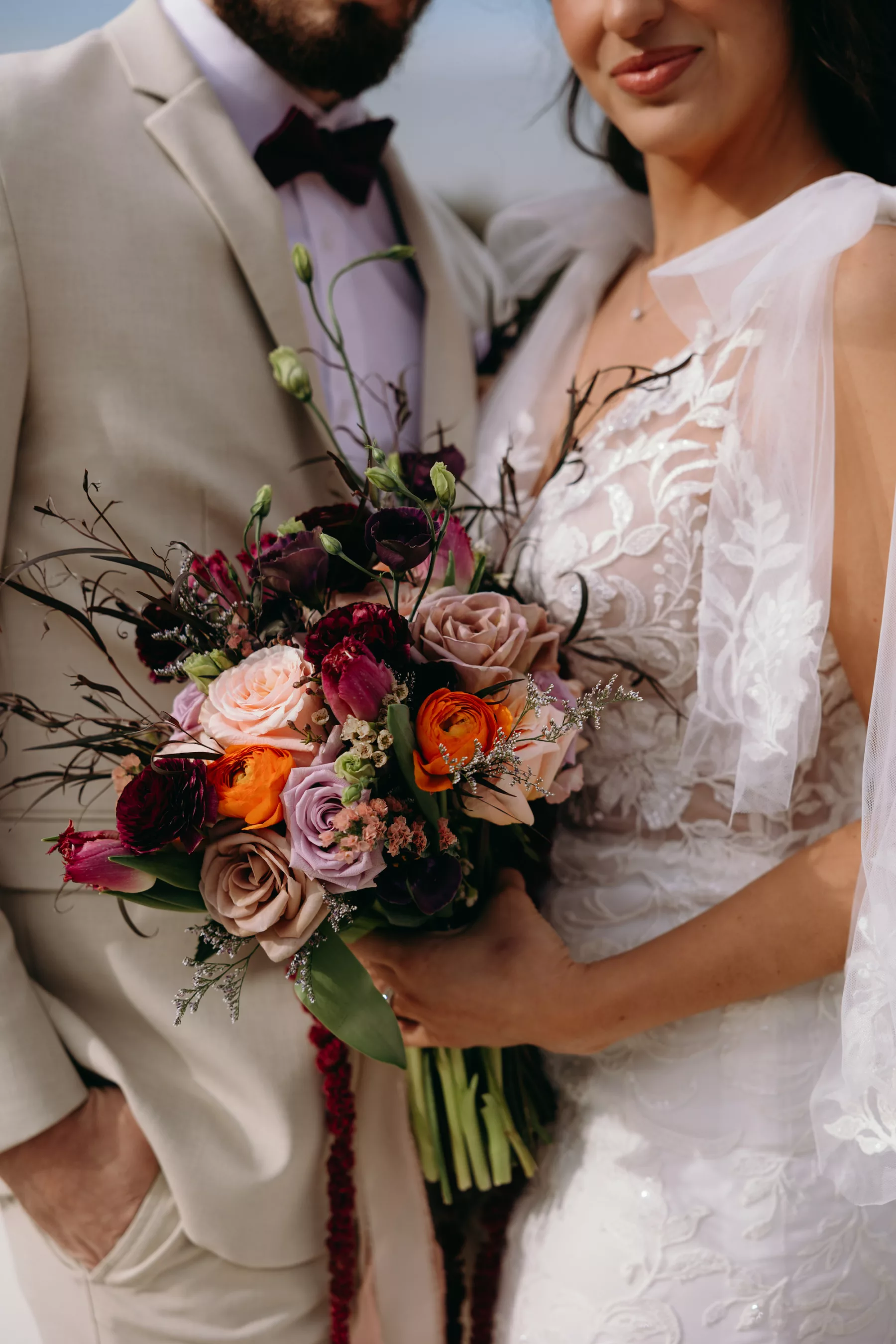 Whimsical Purple and Orange Roses, Brown Amaranthus, Pink Tulips, Wax Flowers, and Greenery Fall Wedding Bouquet | Tampa Bay Florist Save The Date Florida