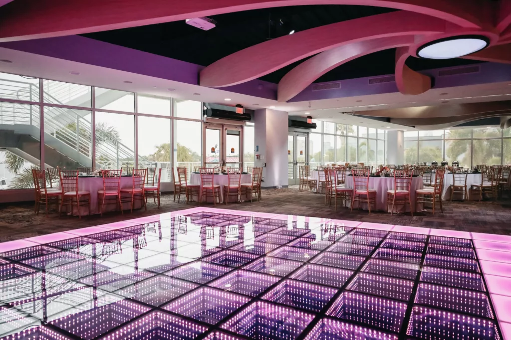 LED Lit Dance Floor Inspiration | Indoor Purple Tropical Wedding Reception Ideas | Tampa Bay Event Venue The Florida Aquarium