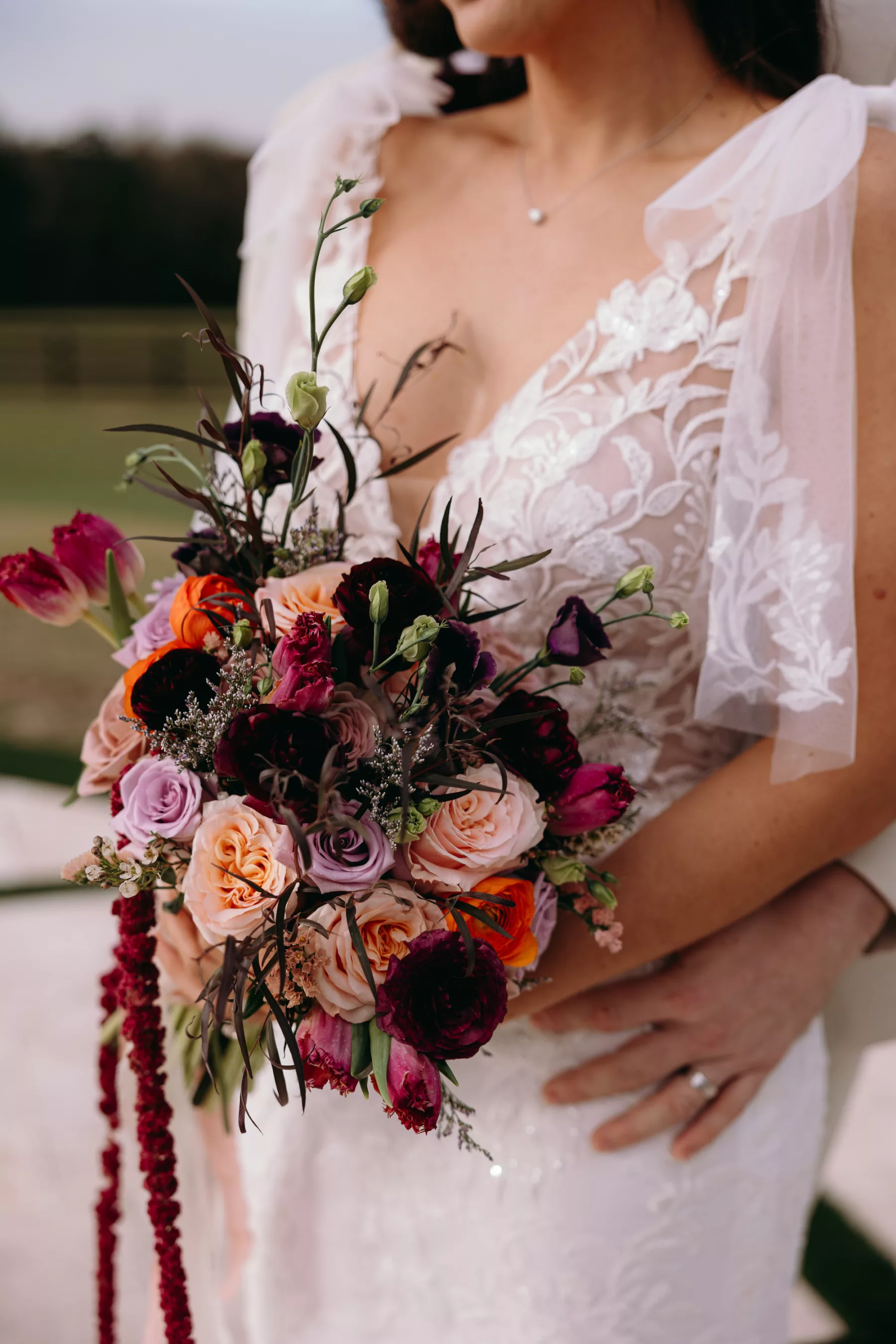 Whimsical Fall Purple and Orange Roses, Brown Amaranthus, Pink Tulips, Wax Flowers, and Greenery Wedding Bouquet | White Lace Mermaid Wedding Dress with Tulle Bow Straps Inspiration | Tampa Bay Florist Save The Date Florida