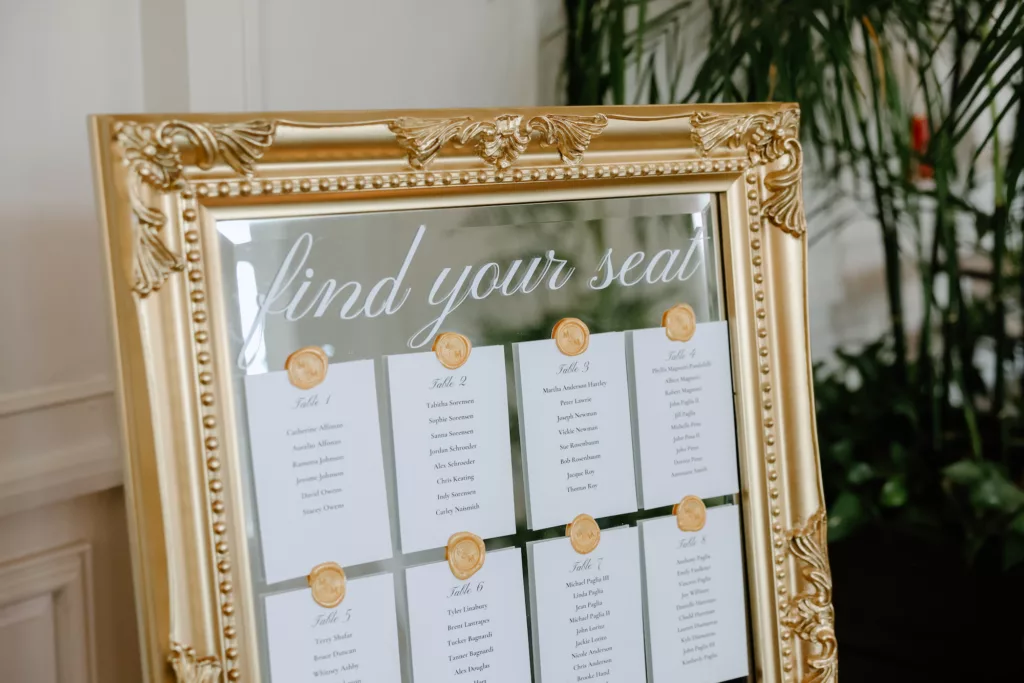 Find Your Seat Gold Mirror with Seal Wedding Reception Seating Chart Inspiration