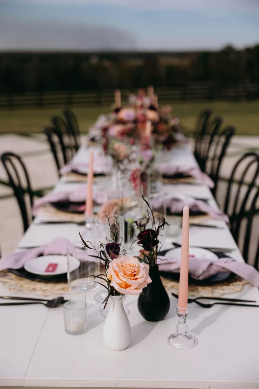 Whimsical Fall Purple and Peach Terrace Wedding Reception Feasting Table Tablescape Ideas | Pink Roses and Taper Candle Centerpiece Inspiration | Tampa Bay Event Venue La Hacienda at Snow Hill | Planner MDP Events
