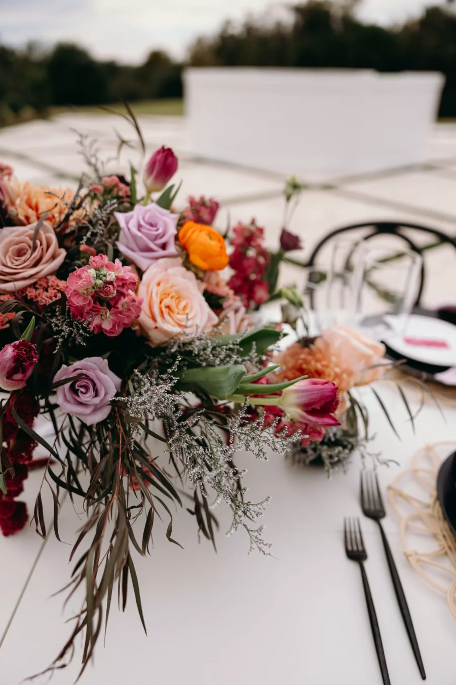Purple and Orange Roses, Pink Tulips, and Greenery Moody Fall Wedding Reception Centerpiece Ideas | Tampa Bay Florist Save The Date Florida