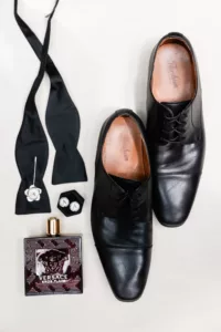 Groom's Black Wedding Shoe, Black Bowtie, and Personalized Cufflink Ideas
