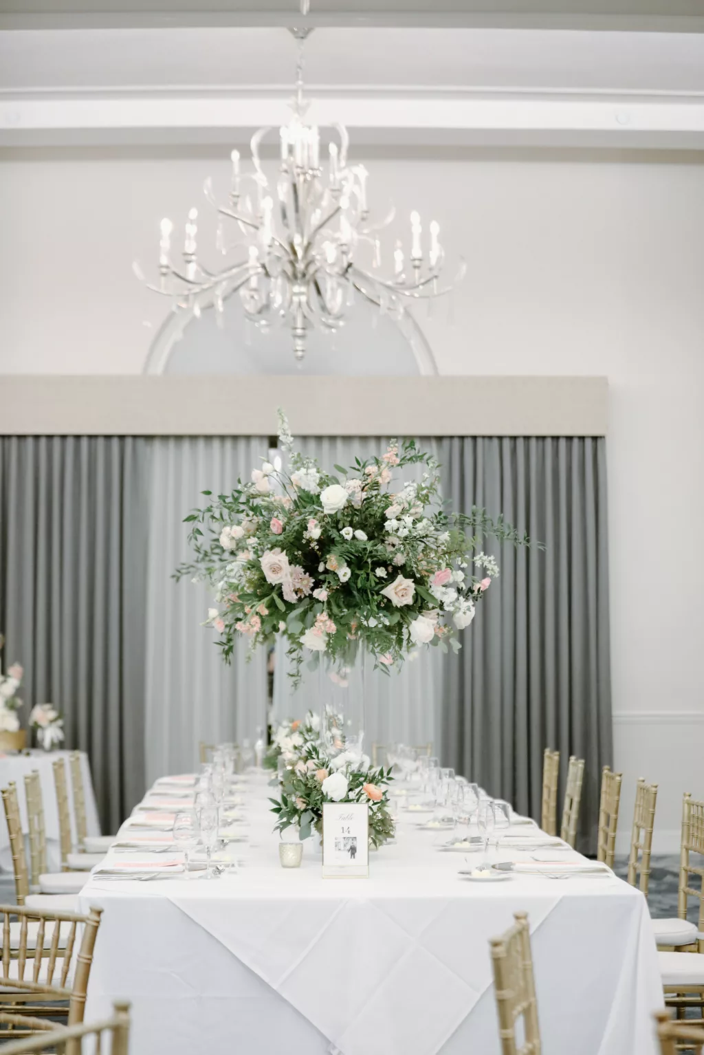 White and Gold Grand Ballroom Wedding Reception Ideas | Tall Flower Stand with White and Pink Roses, and Greenery Centerpiece Decor Inspiration | Tampa Bay Event Venue The Don Cesar