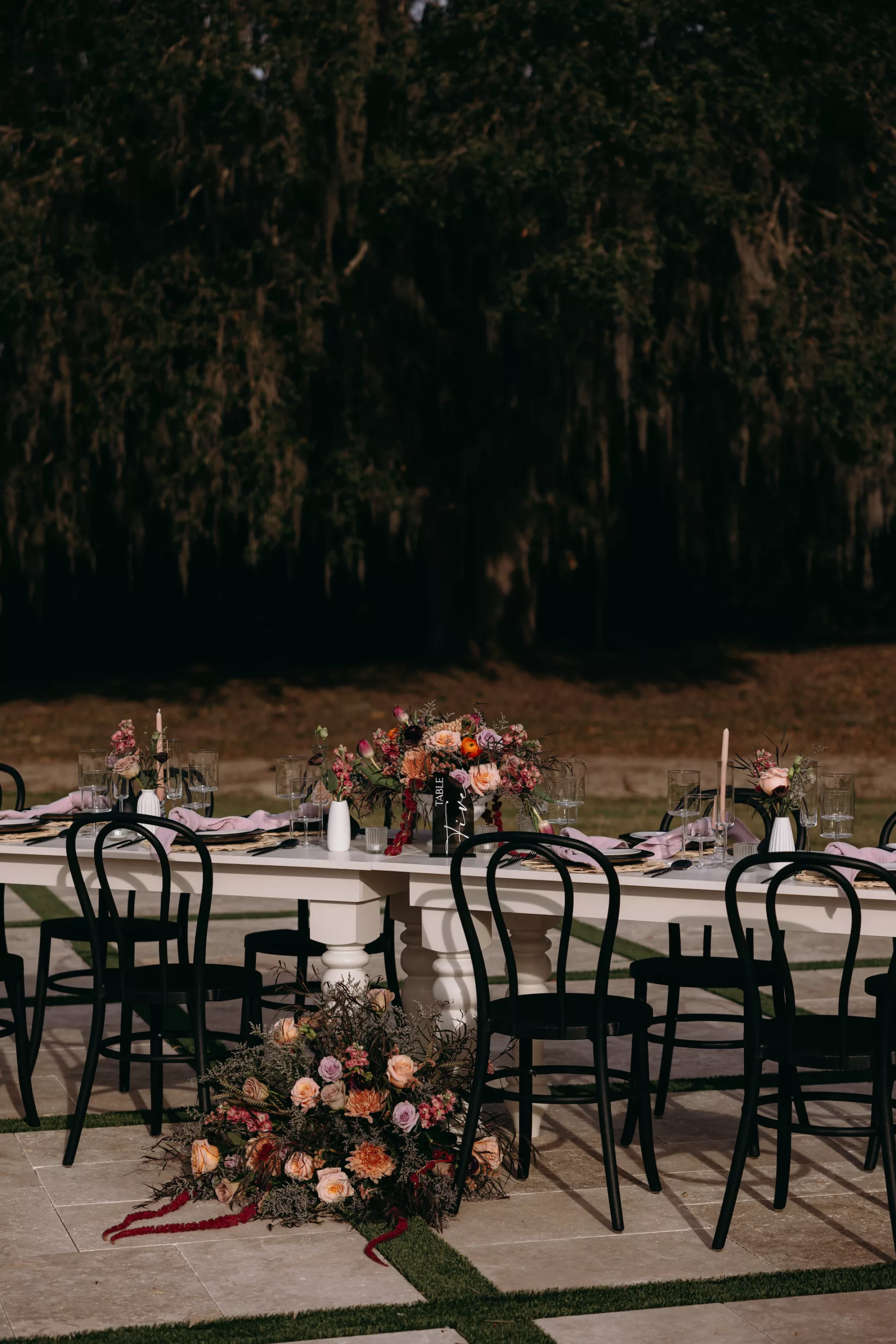 Moody Modern Peach and Purple Wedding Reception Feasting Table Ideas | Tampa Bay Event Venue La Hacienda at Snow Hill | Planner MDP Events