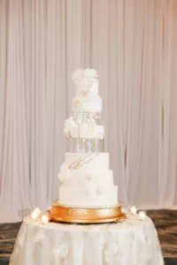 Round Six-Tier Floating Geode Inspired Gold and White Wedding Cake Inspiration