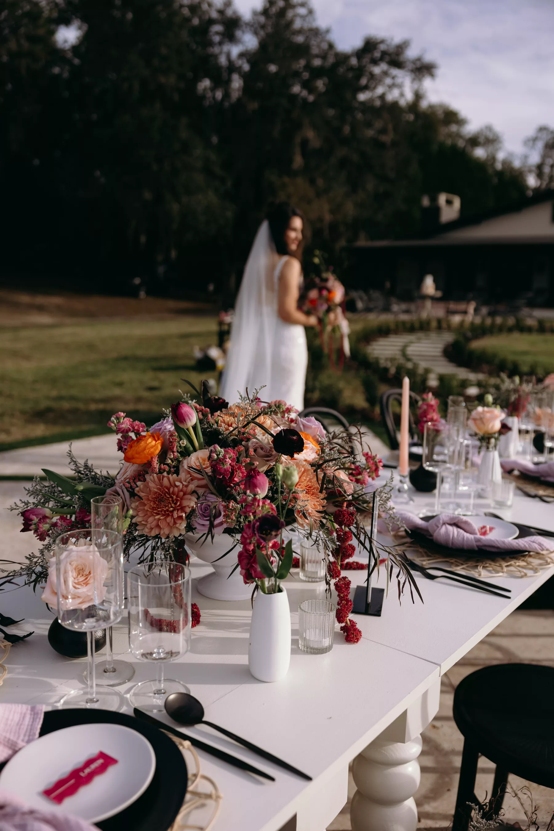 Moody Modern Peach and Purple Wedding Reception Feasting Table Ideas | Tampa Bay Florist Save The Date Florida