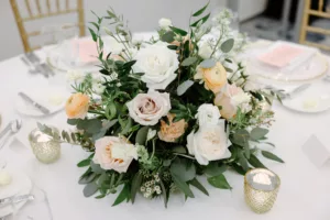 White and Pink Roses, Orange Anemones, and Greenery Wedding Reception Centerpiece Decor Inspiration