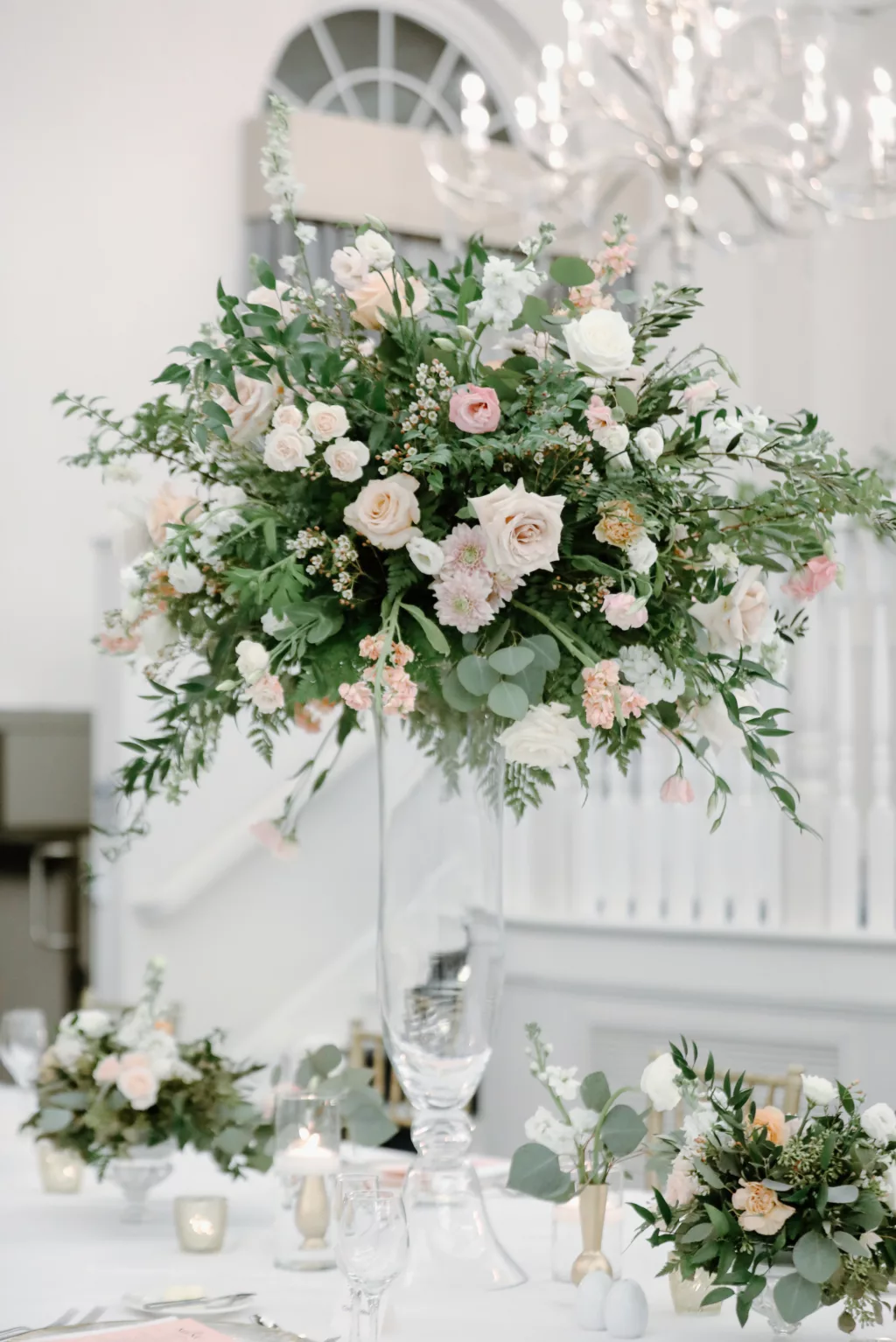 Floral Chandelier with Pink and White Roses, and Greenery | Classic White and Blush Wedding Reception Decor Ideas
