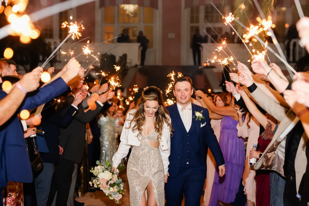 Bride and Groom Wedding Reception Grand Exit | Sparkler Send Off Ideas | Sequin Reception Dress Inspiration | Tampa Bay Wedding Photographer Lifelong Photography Studio