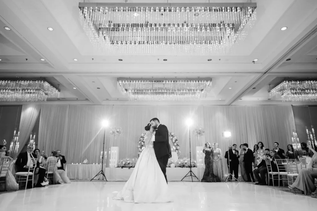 Bride and Groom First Dance Black and White Wedding Portrait | Luxurious Bayshore Ballroom Wedding Reception Inspiration | Tampa Bay Event Venue Hilton Tampa Downtown | Photographer Lifelong Photography Studio | Planner Special Moments Event Planning