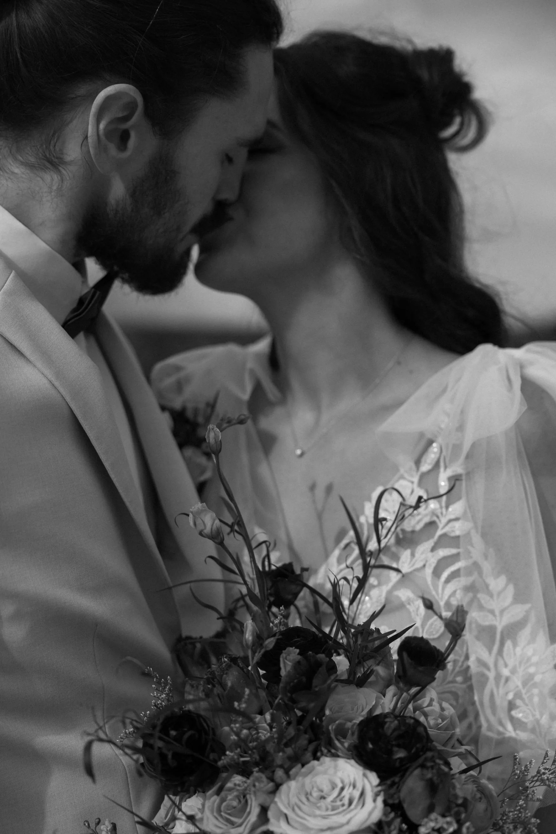 Intimate Bride and Groom Black and White Wedding Portrait