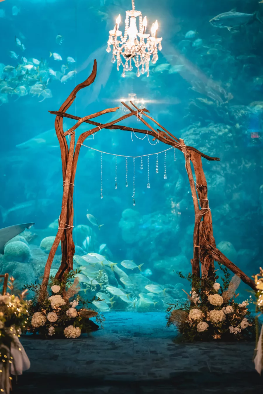 Under The Sea Wedding Ceremony Driftwood Arch with White Hydrangeas, Roses, Greenery, and Gold Coral Flower Arrangement Ideas | Tampa Bay Florist Lemon Drops