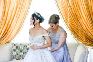 Bride and Mother Getting Ready | Ivory Off The Shoulder Beaded Bodice A-Line Ballgown Stephen Yearick Couture Wedding Dress Inspiration | Bridal Tiara Updo Hair and Makeup Ideas | Tampa Bay Hair and Makeup Artist Femme Akoi Beauty Studio