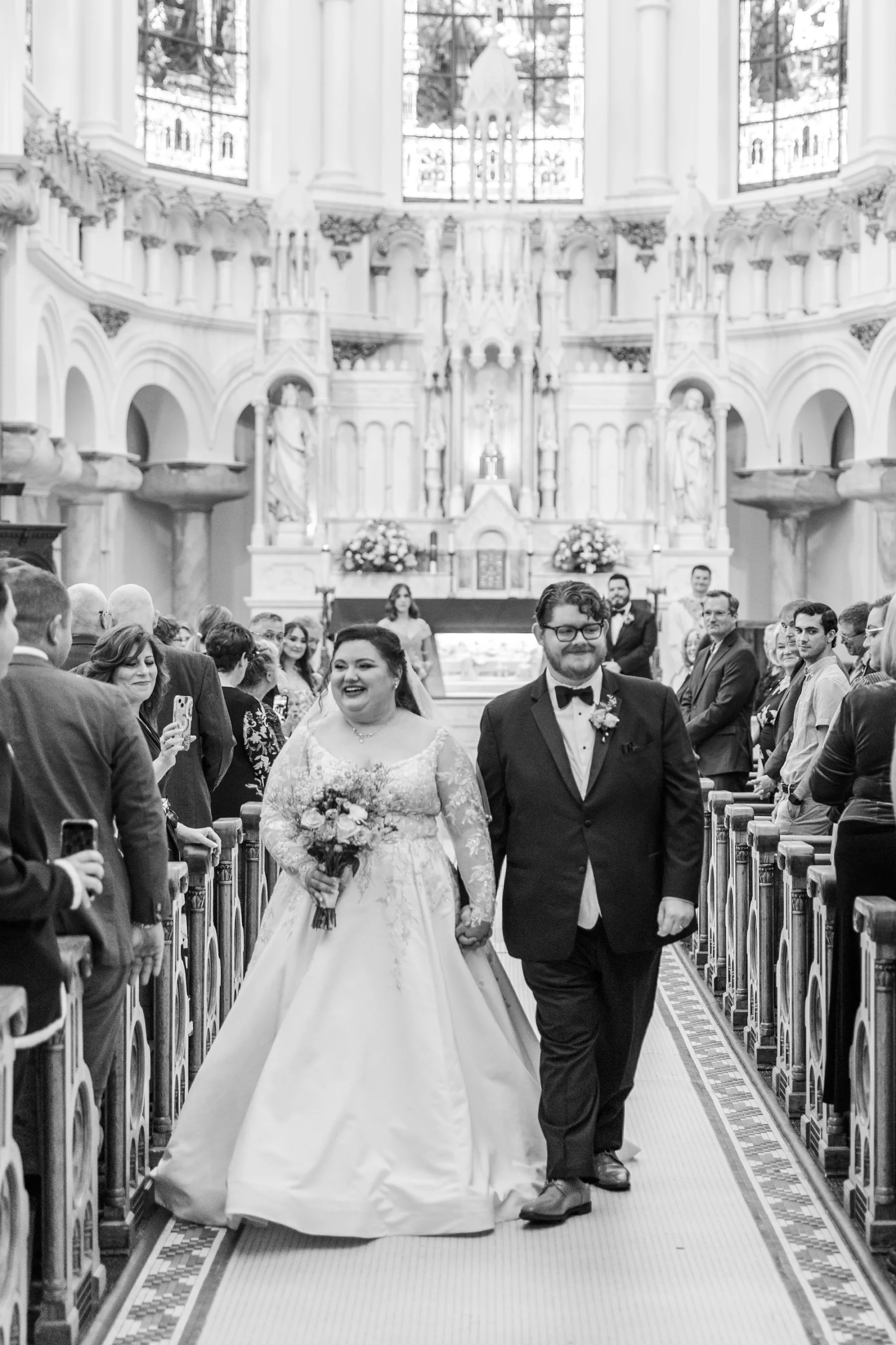 Bride and Groom Just Married Black and White Wedding Portrait | Downtown Tampa Sacred Heart Catholic Church | Photographer Mary Anna Photography