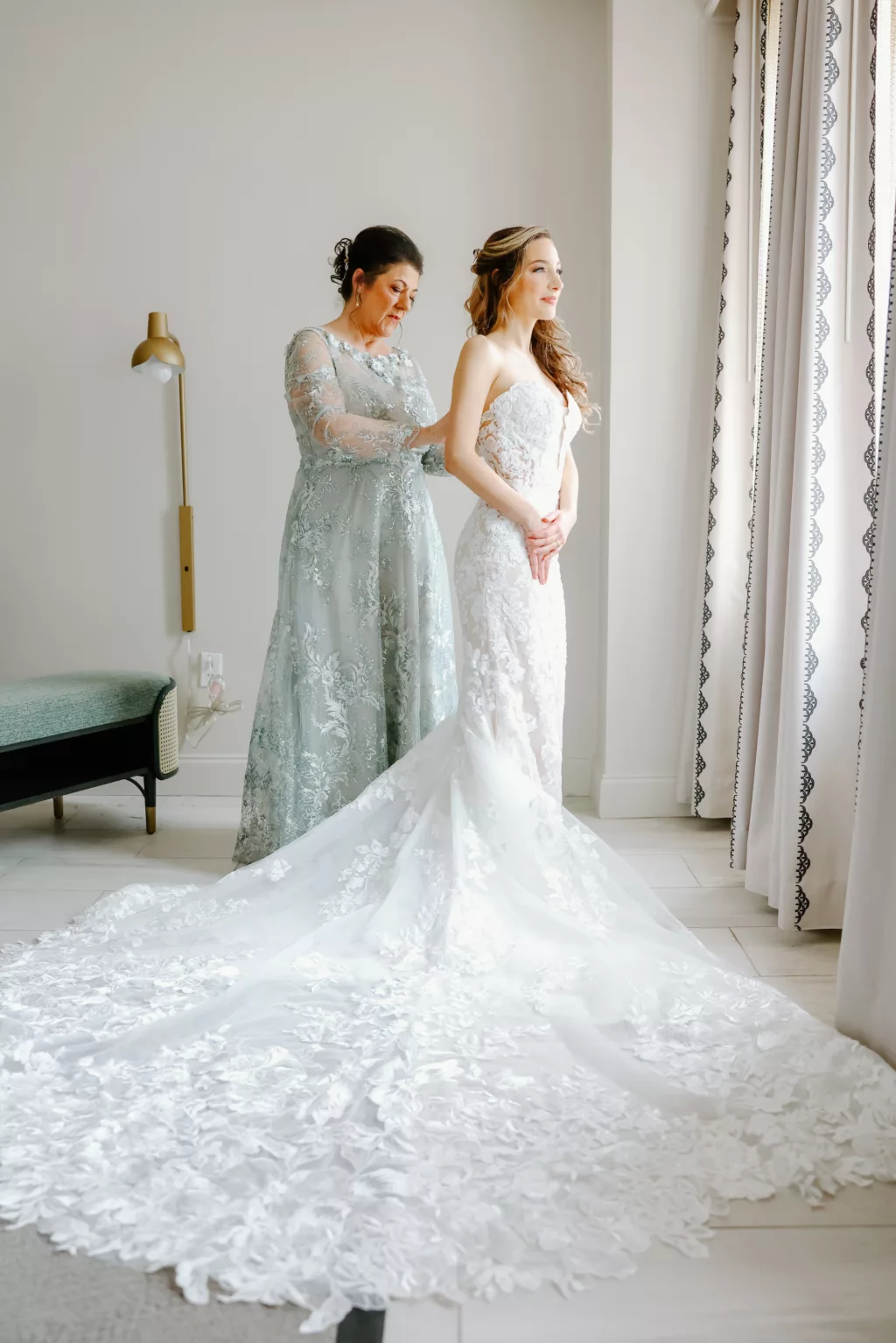 Bride and Mother Getting Ready Wedding Portrait | Strapless Nude and White Floral Lace Fit and Flare Wedding Dress Inspiration | St Pete Photographer Lifelong Photography Studio