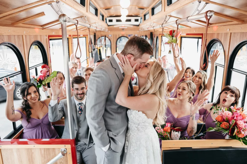 Wedding Party Trolley Ride Wedding Portrait | Gray and Lavender Attire Inspiration | Tampa Bay Photographer Lifelong Photography
