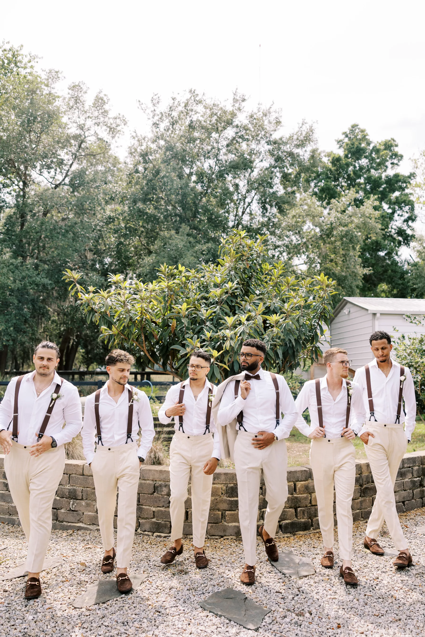 Groomsmen Wedding Day Attire Ideas | Tan Dress Pants with Suspenders