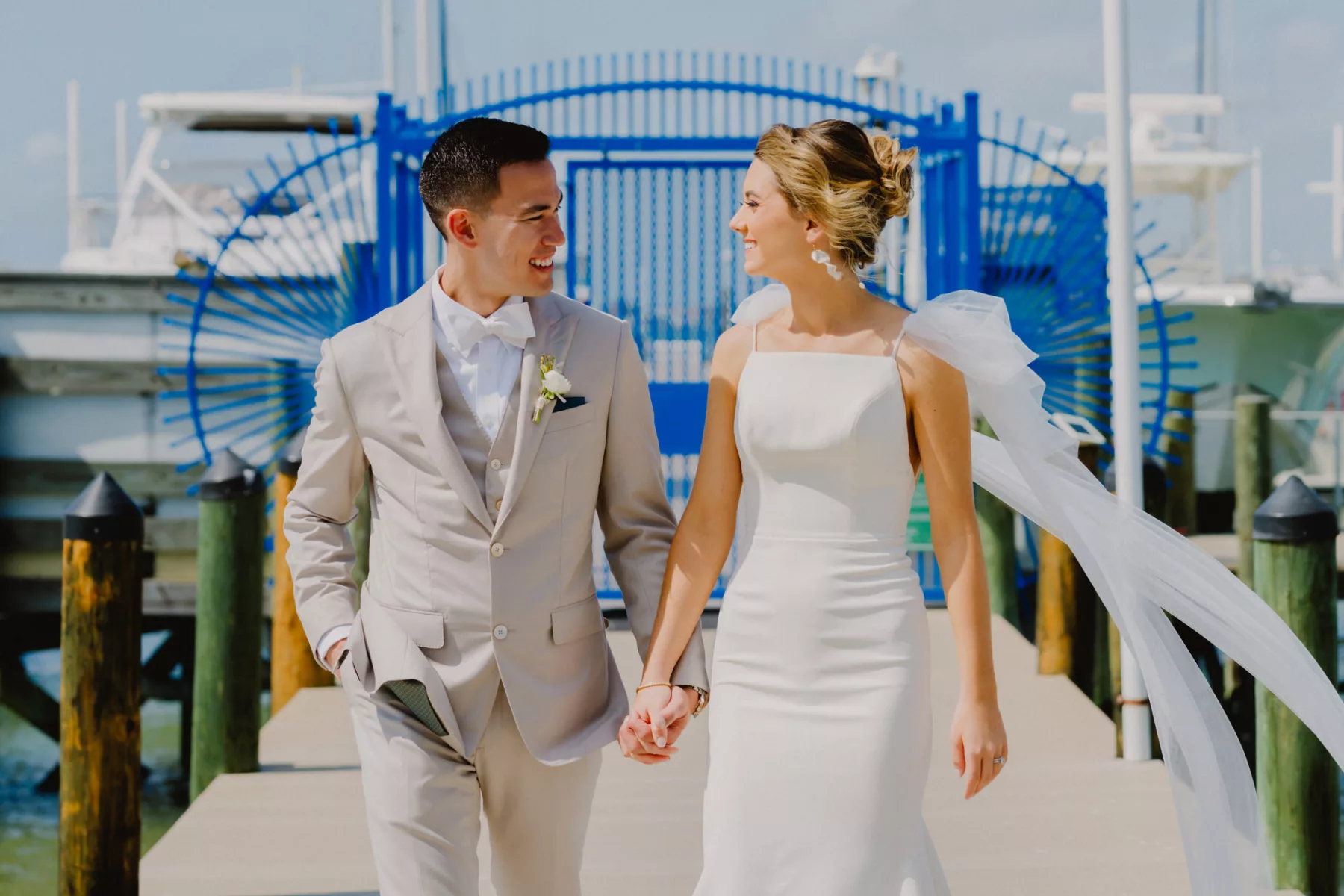 Bride and Groom First Look Dock Wedding Portrait | Waterfront St Pete Venue Isla Del Sol Yacht and Country Club