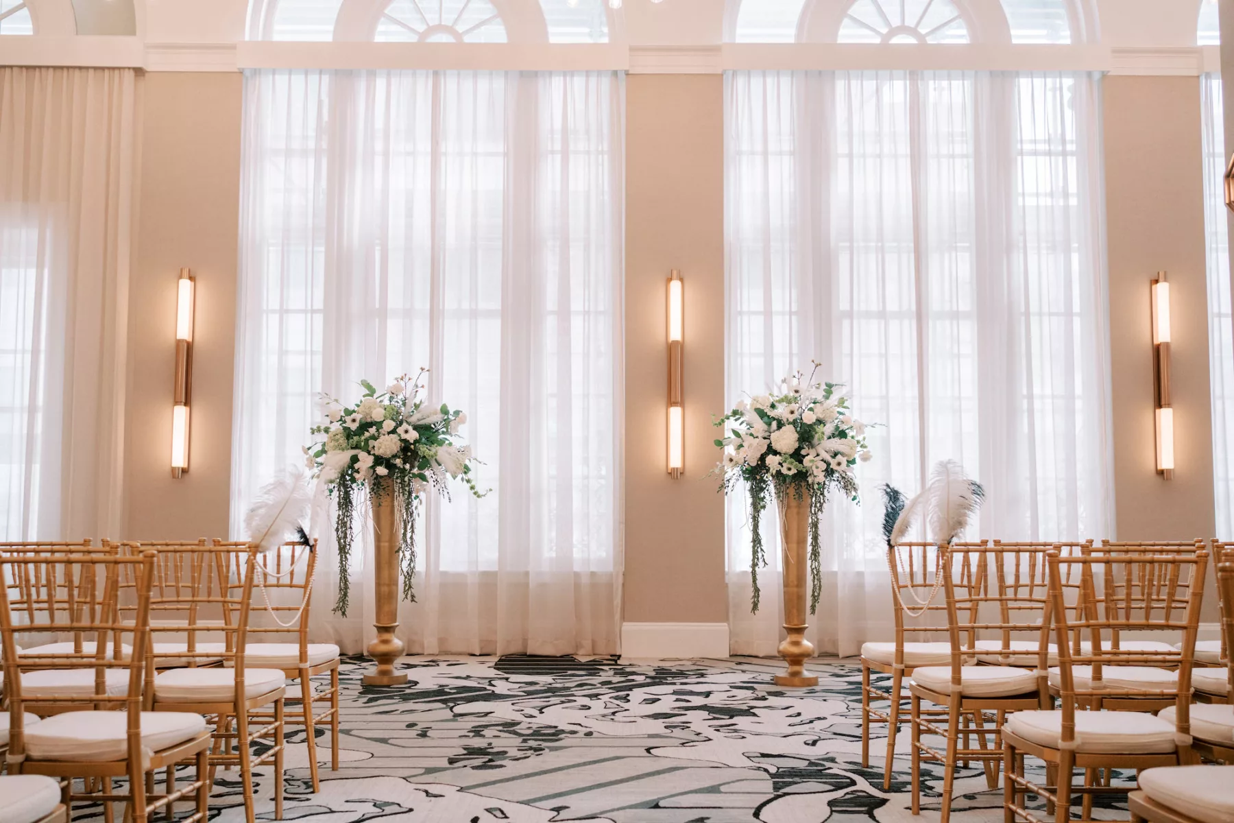 Great Gatsby Inspired Indoor Wedding Ceremony | White Anemone, Hydrangeas, Carnations, and Greenery Floral Altar Decor Ideas | Gold Chiavari Chairs | Tampa Bay Event Venue Hotel Flor | Planner Coastal Coordinating