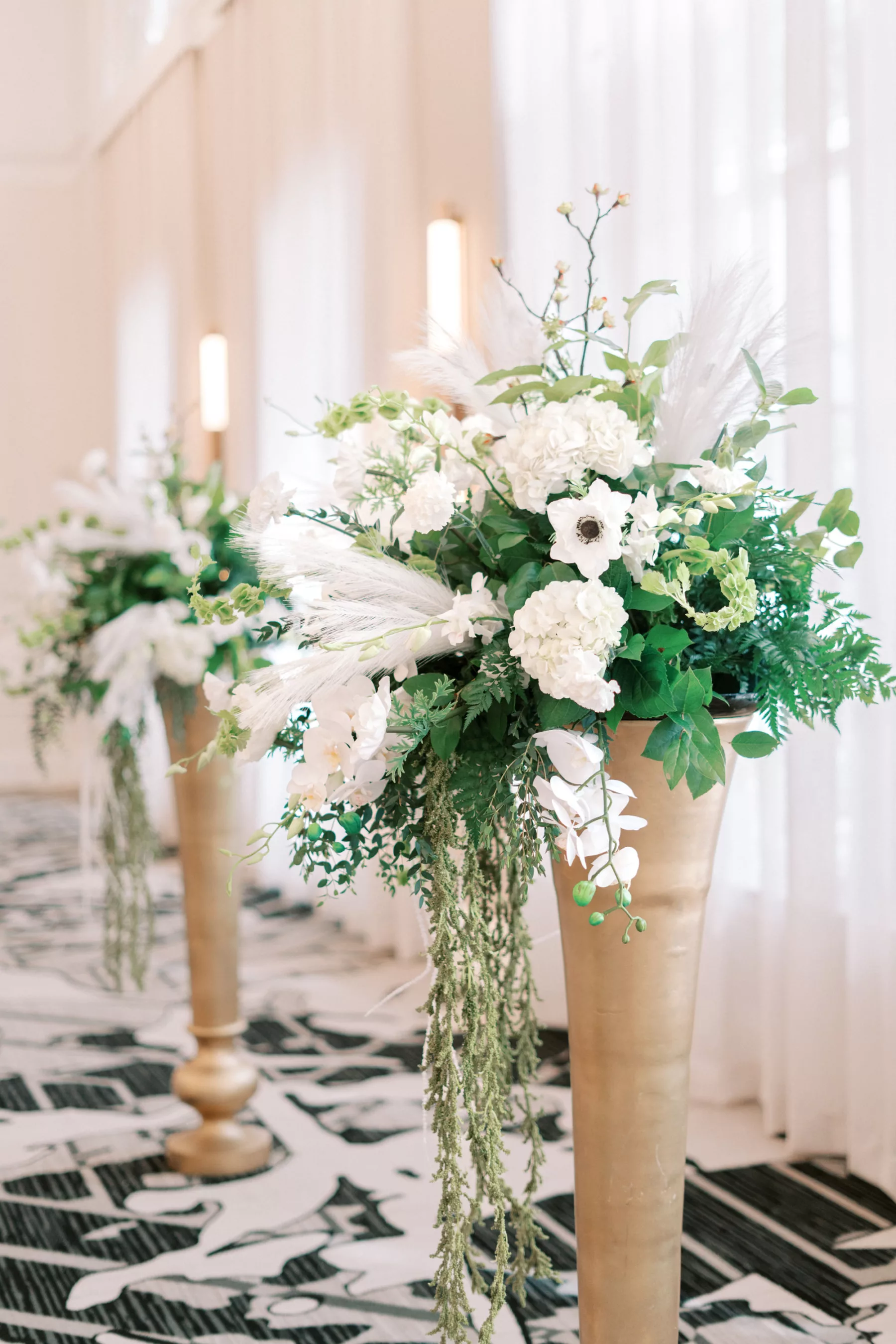 White Anemone, Hydrangeas, Carnations, and Greenery Floral Wedding Ceremony Altar Decor Ideas