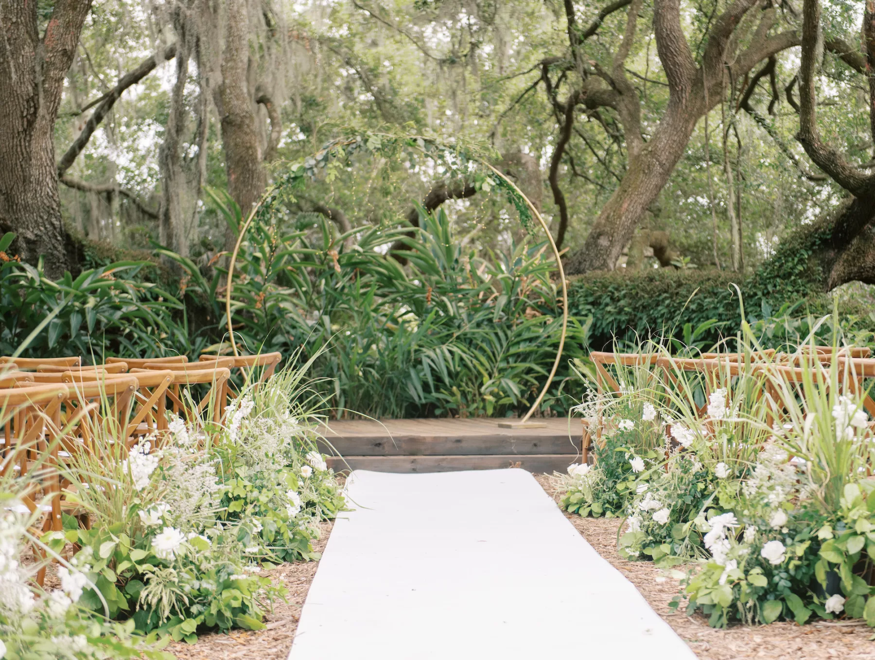 The Broken Oak Whimsical Wedding Ceremony Inspiration | Gold Hoop Arch Ideas | White Snapdragons and Greenery Aisle Decor | Tampa Bay Event Venue Mill Pond Estate