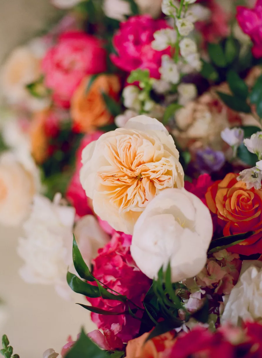 Colorful Summer Wedding Ceremony Floral Arrangement Decor with Orange Garden Roses, Pink Hydrangeas, and Greenery | Tampa Bay Florist Bruce Wayne Florals