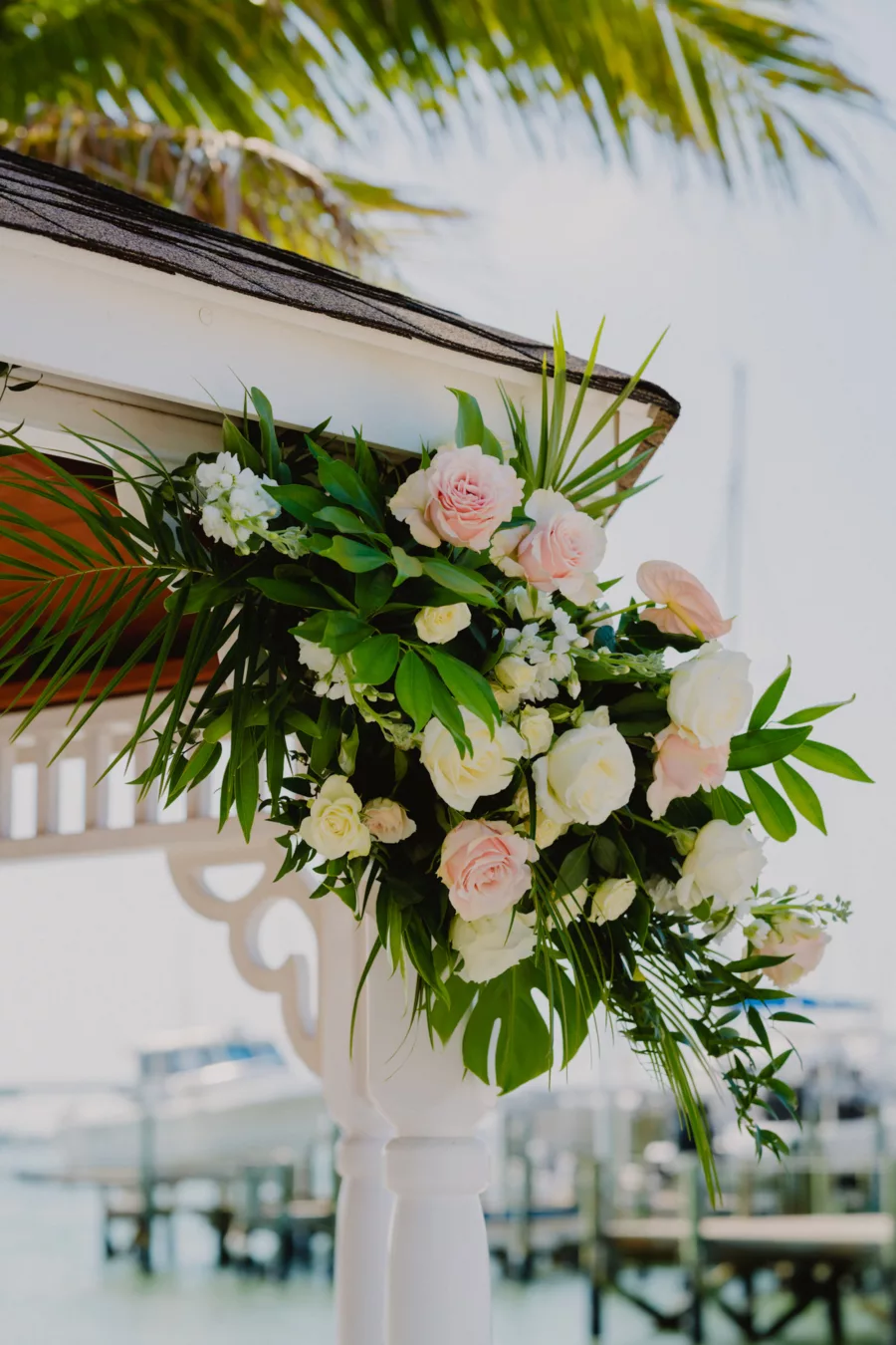 Tropical Pink and White Roses, Monstera, Palm Leaf Gazebo Spring Decor Ideas | Tampa Bay Florist Monarch Events and Design