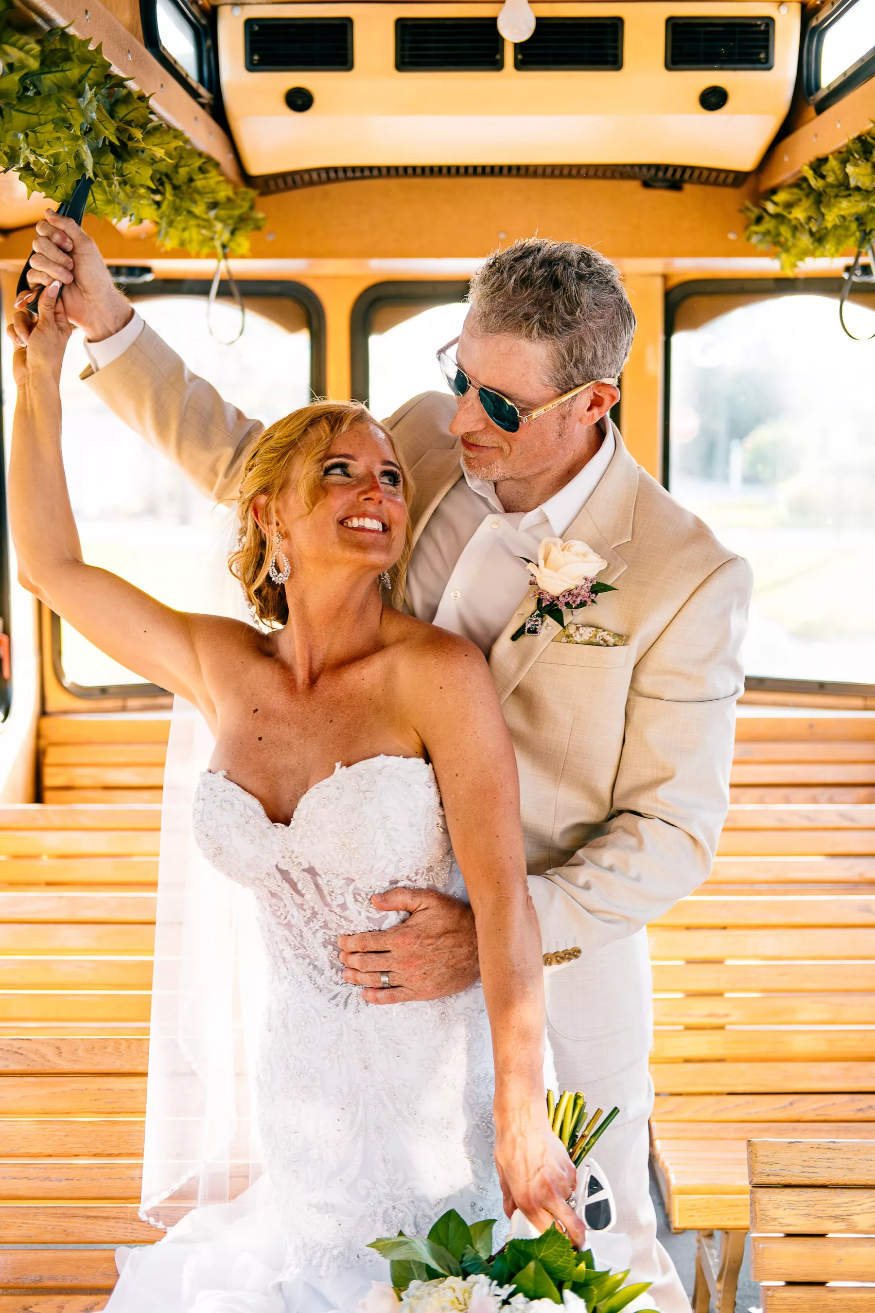 Bbride and Groom Wedding Day Trolley Ride Inspiration | Bradenton Beach Transportation Ideas