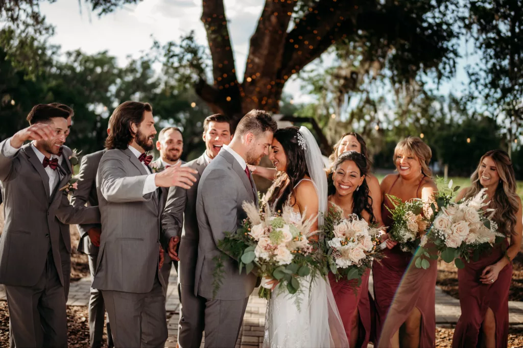 Bride and Groom with Bridal Party | Gray and Burgundy Wedding Attire Ideas | Tampa Bay Photographer Sabrina Autumn Photography